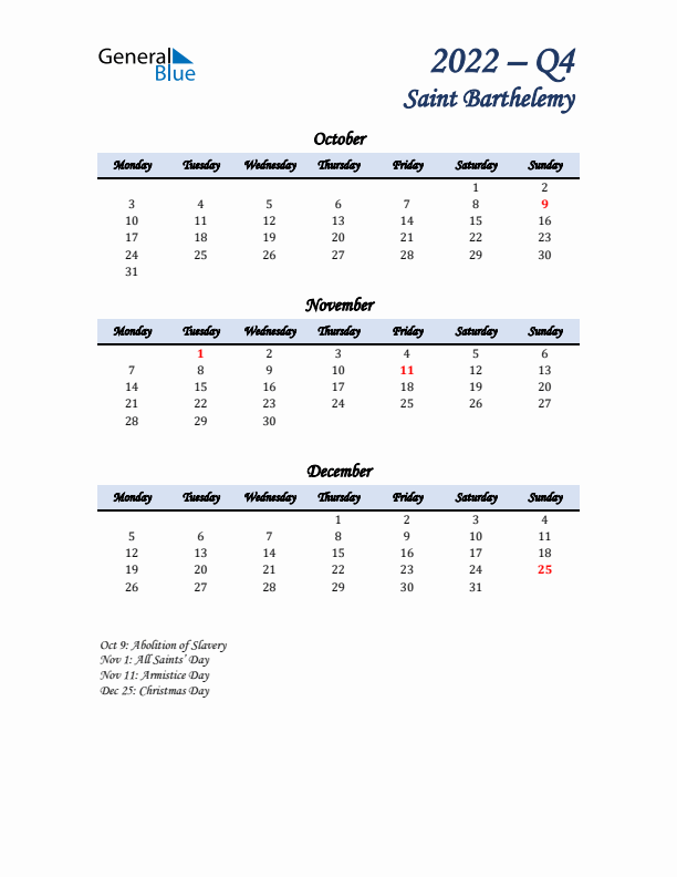 October, November, and December Calendar for Saint Barthelemy with Monday Start