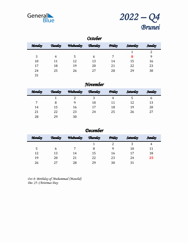 October, November, and December Calendar for Brunei with Monday Start