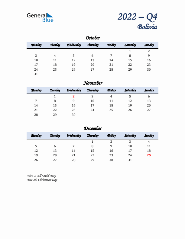 October, November, and December Calendar for Bolivia with Monday Start