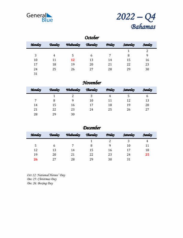 October, November, and December Calendar for Bahamas with Monday Start