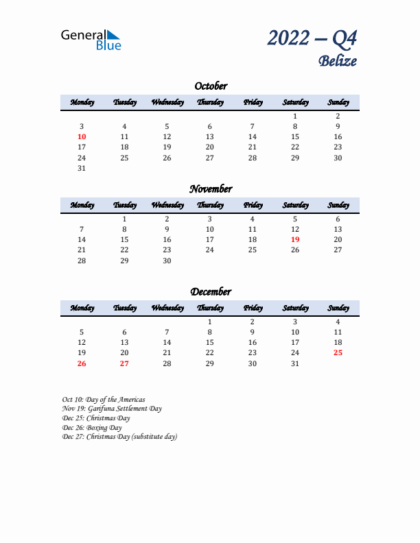 October, November, and December Calendar for Belize with Monday Start