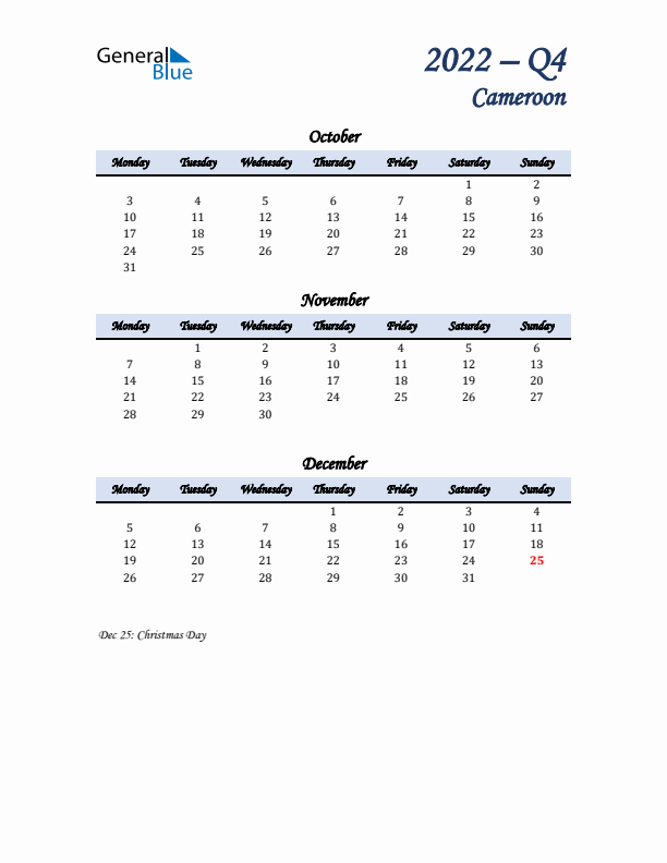 October, November, and December Calendar for Cameroon with Monday Start