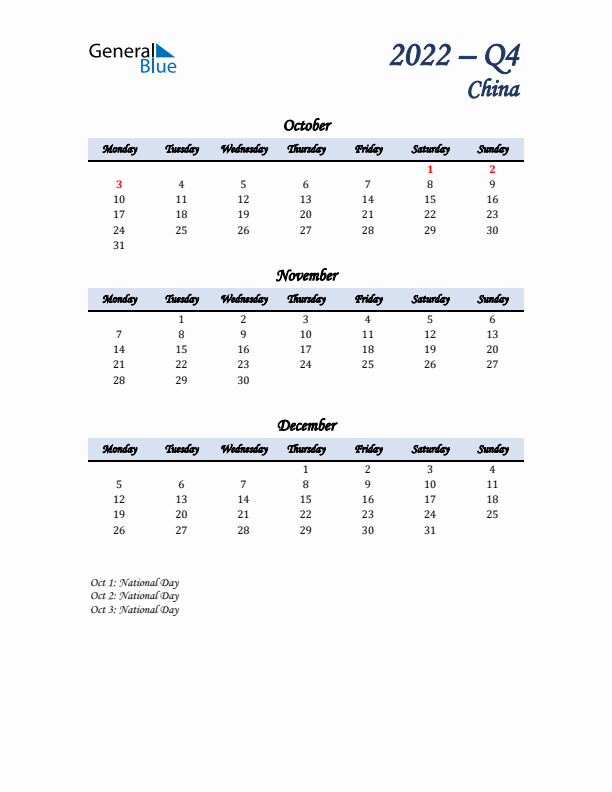 October, November, and December Calendar for China with Monday Start