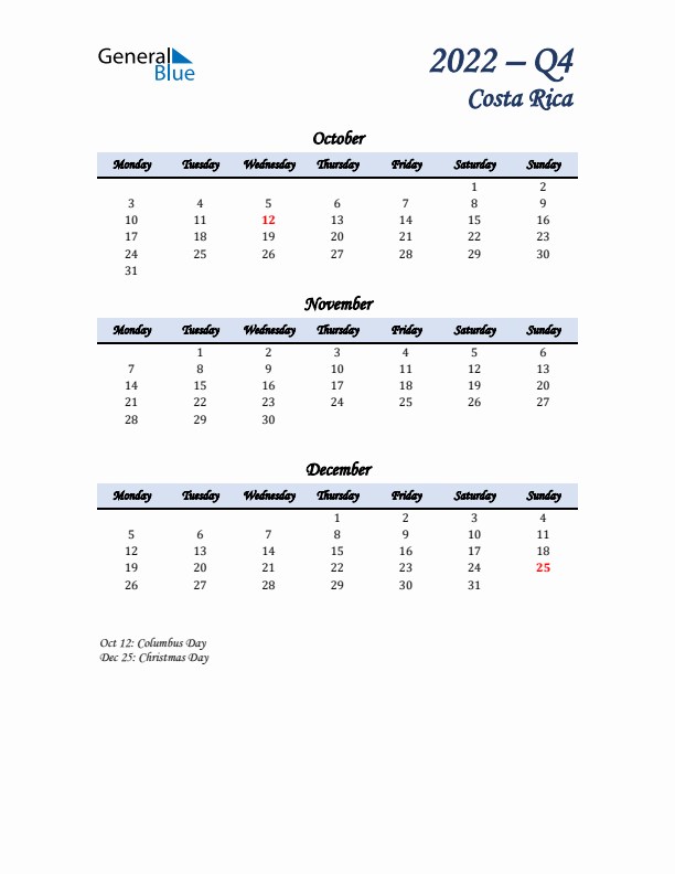 October, November, and December Calendar for Costa Rica with Monday Start