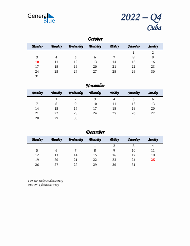 October, November, and December Calendar for Cuba with Monday Start