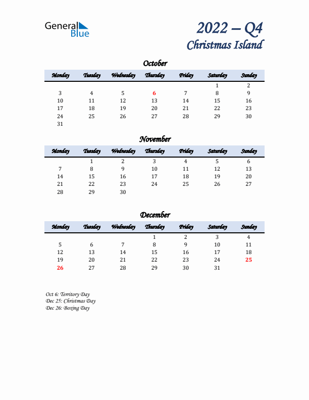 October, November, and December Calendar for Christmas Island with Monday Start