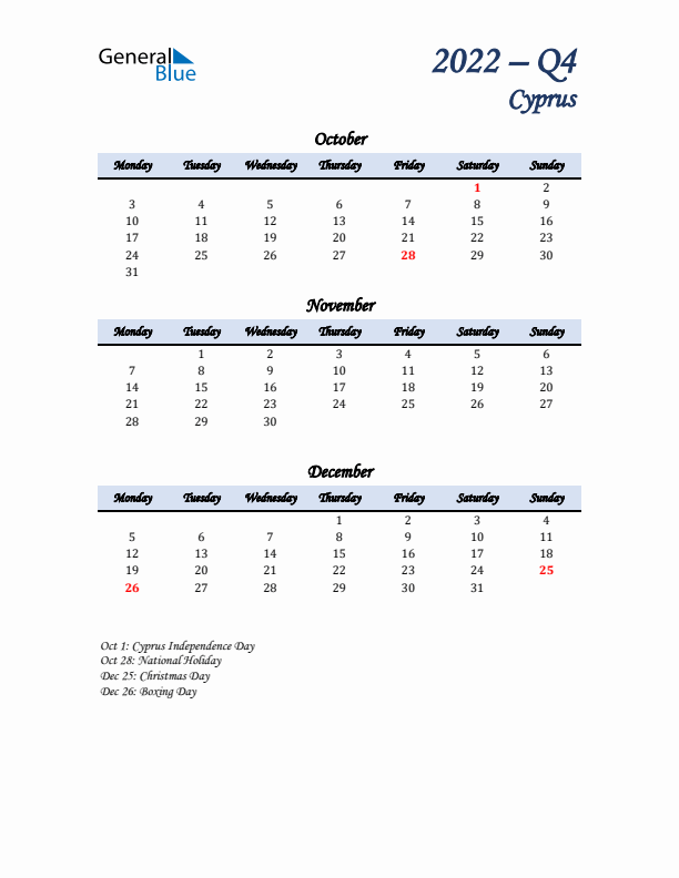 October, November, and December Calendar for Cyprus with Monday Start