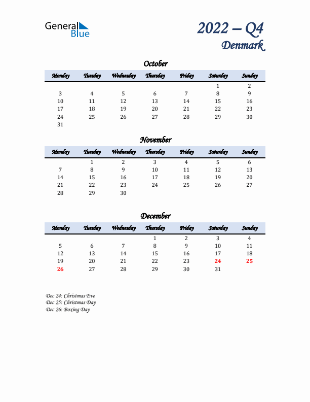 October, November, and December Calendar for Denmark with Monday Start