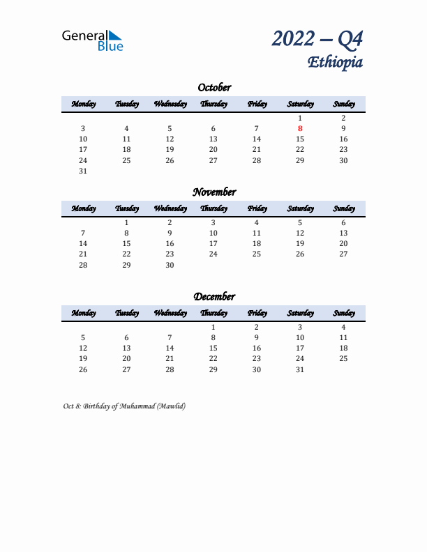 October, November, and December Calendar for Ethiopia with Monday Start