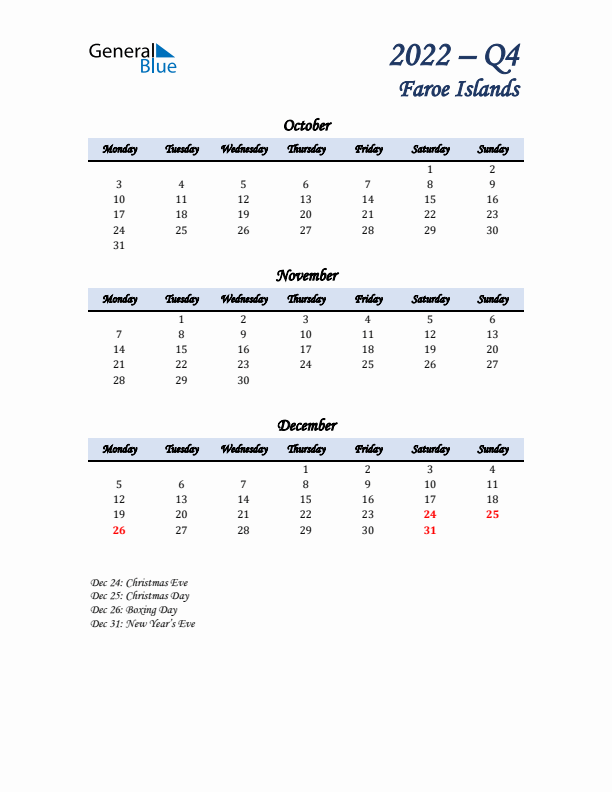 October, November, and December Calendar for Faroe Islands with Monday Start