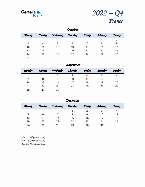 October, November, and December Calendar for France with Monday Start