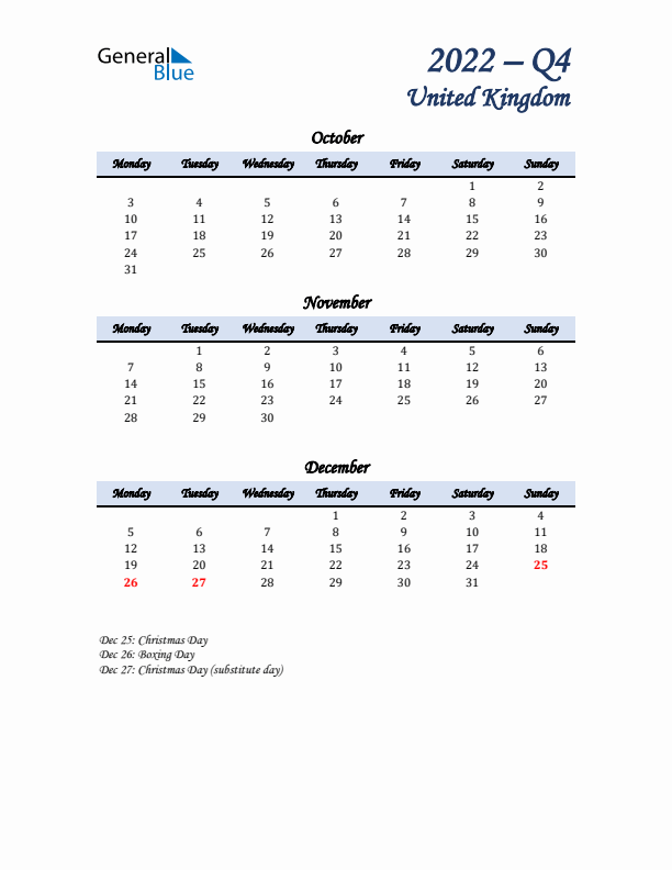 October, November, and December Calendar for United Kingdom with Monday Start