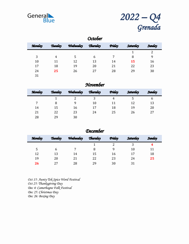 October, November, and December Calendar for Grenada with Monday Start