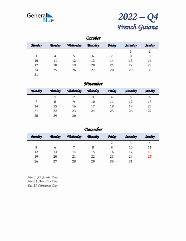 October, November, and December Calendar for French Guiana with Monday Start