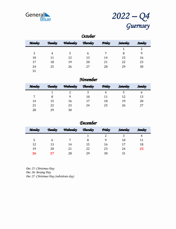 October, November, and December Calendar for Guernsey with Monday Start