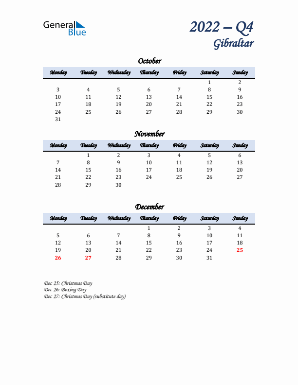 October, November, and December Calendar for Gibraltar with Monday Start