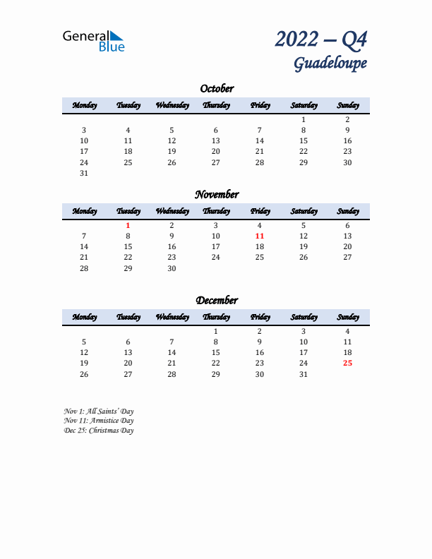 October, November, and December Calendar for Guadeloupe with Monday Start