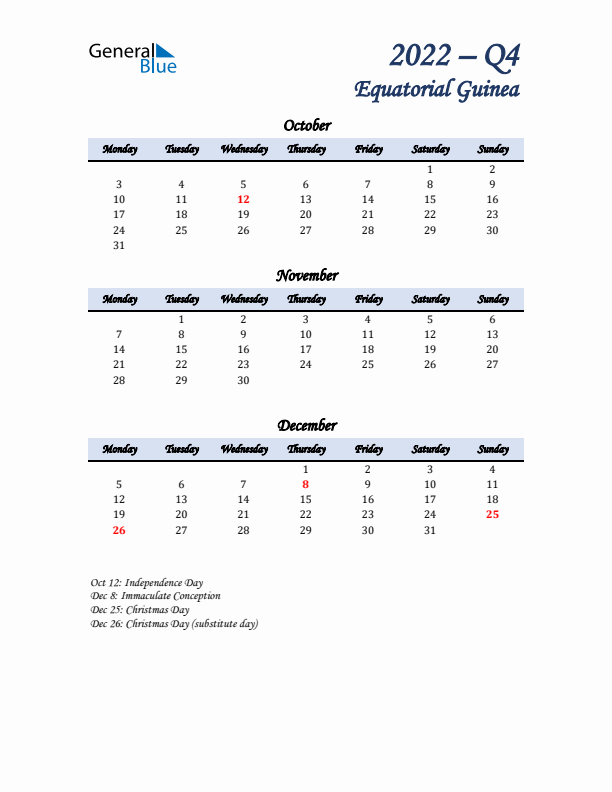 October, November, and December Calendar for Equatorial Guinea with Monday Start