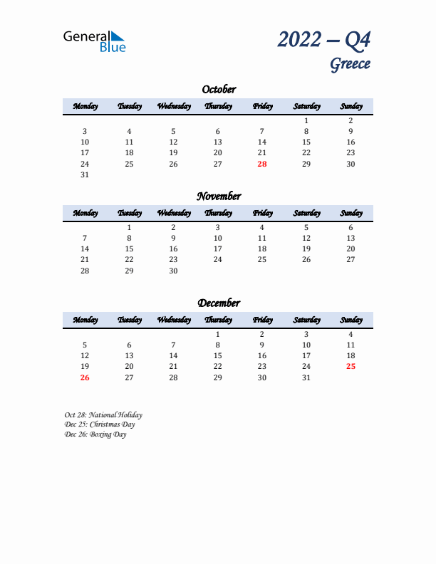 October, November, and December Calendar for Greece with Monday Start