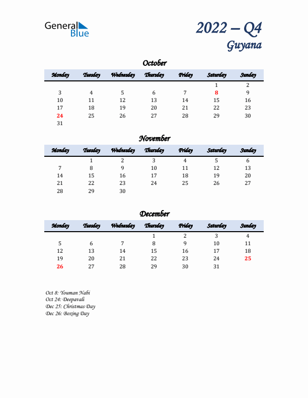 October, November, and December Calendar for Guyana with Monday Start