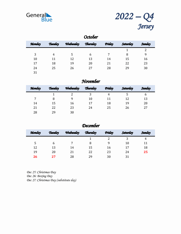 October, November, and December Calendar for Jersey with Monday Start