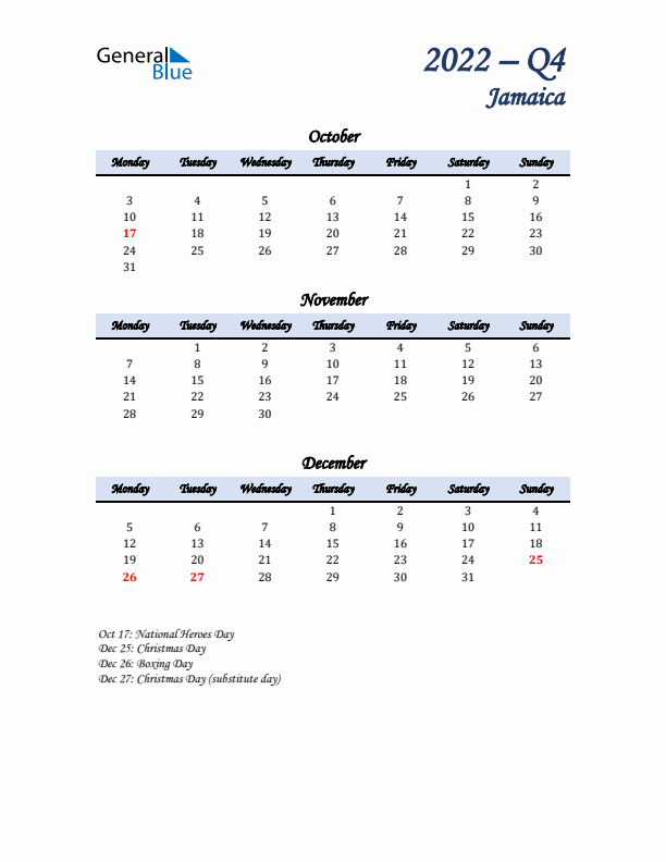 October, November, and December Calendar for Jamaica with Monday Start