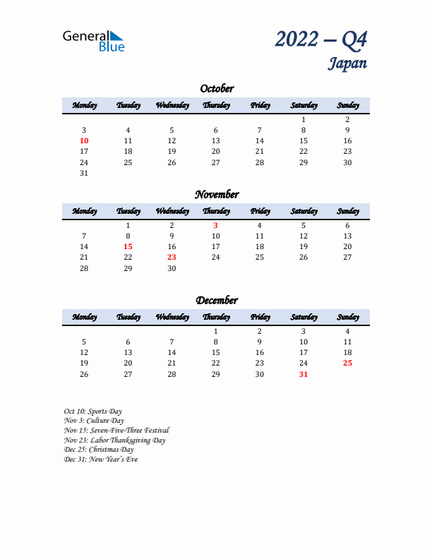 October, November, and December Calendar for Japan with Monday Start