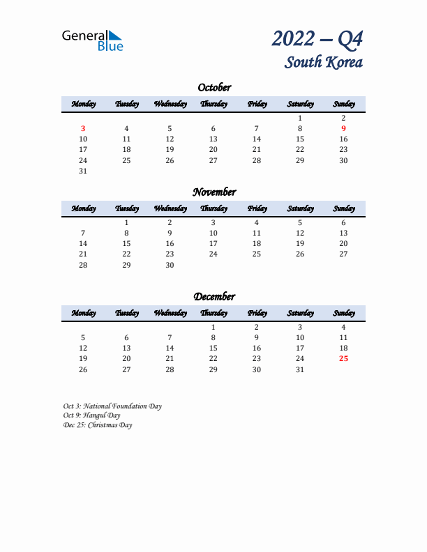 October, November, and December Calendar for South Korea with Monday Start