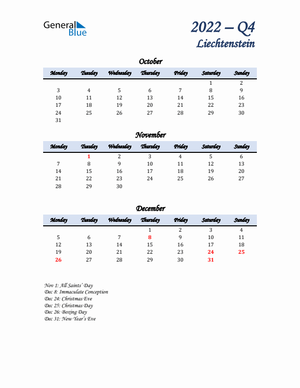 October, November, and December Calendar for Liechtenstein with Monday Start