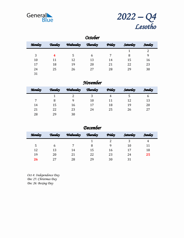 October, November, and December Calendar for Lesotho with Monday Start