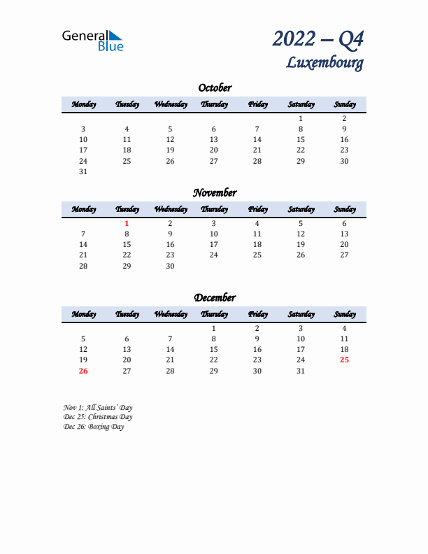 October, November, and December Calendar for Luxembourg with Monday Start