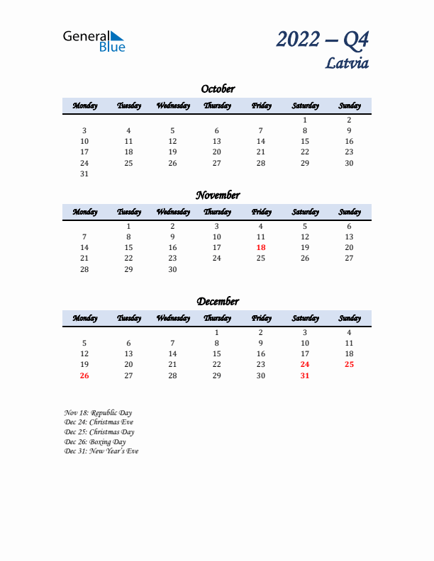 October, November, and December Calendar for Latvia with Monday Start