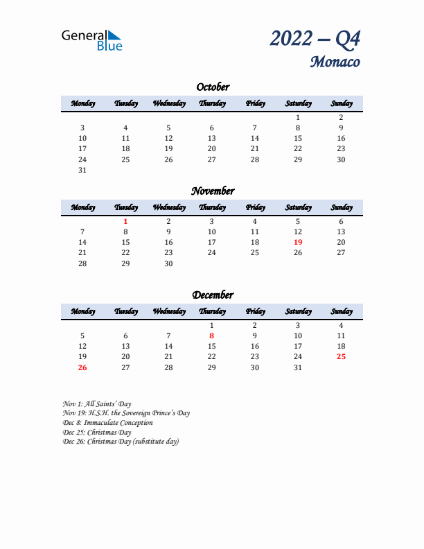 October, November, and December Calendar for Monaco with Monday Start