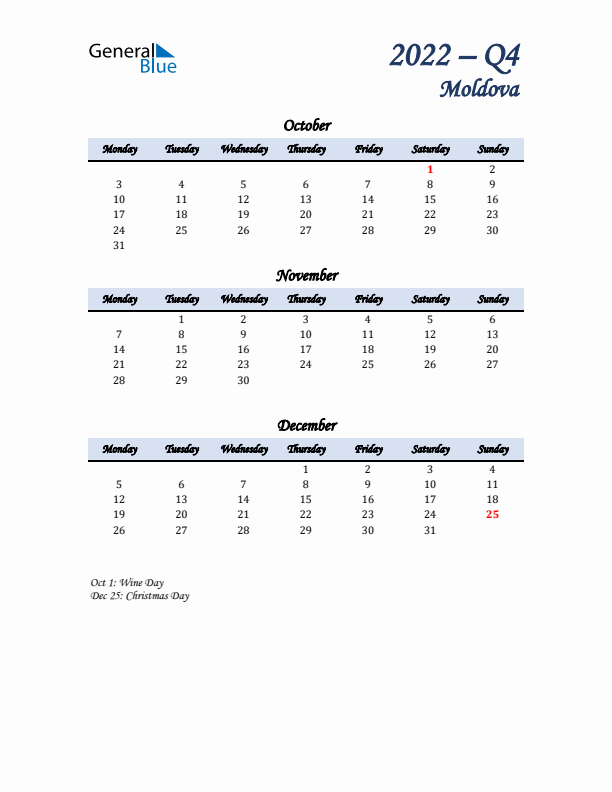 October, November, and December Calendar for Moldova with Monday Start