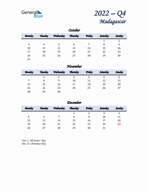 October, November, and December Calendar for Madagascar with Monday Start