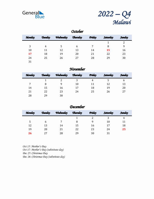 October, November, and December Calendar for Malawi with Monday Start