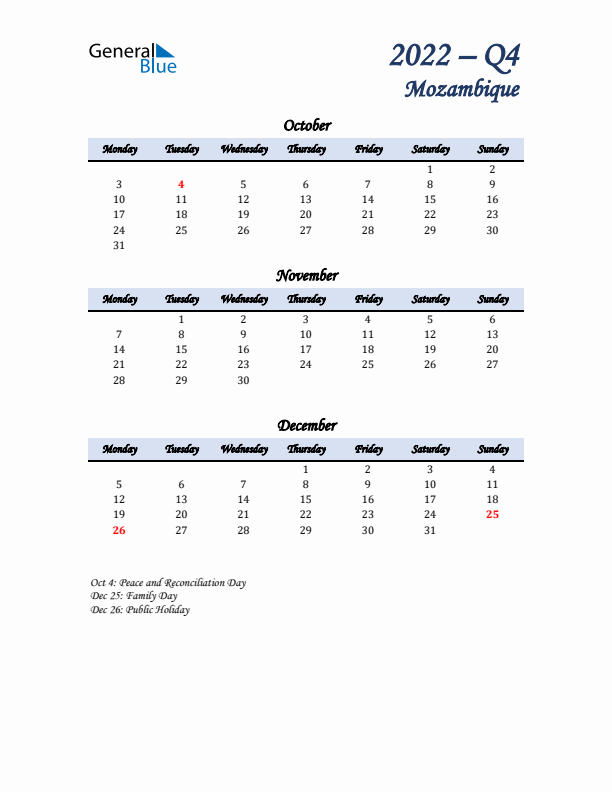 October, November, and December Calendar for Mozambique with Monday Start