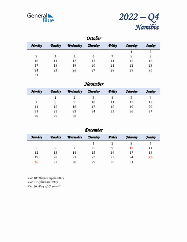 October, November, and December Calendar for Namibia with Monday Start