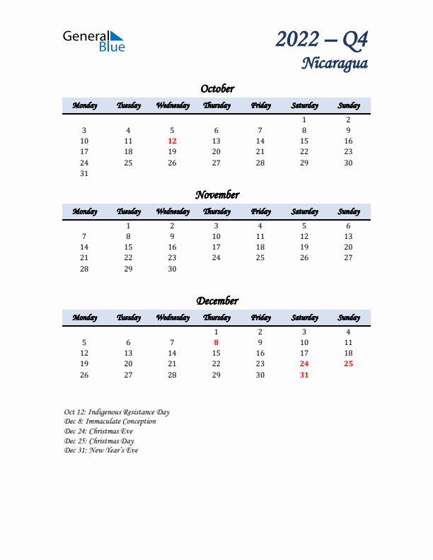 October, November, and December Calendar for Nicaragua with Monday Start