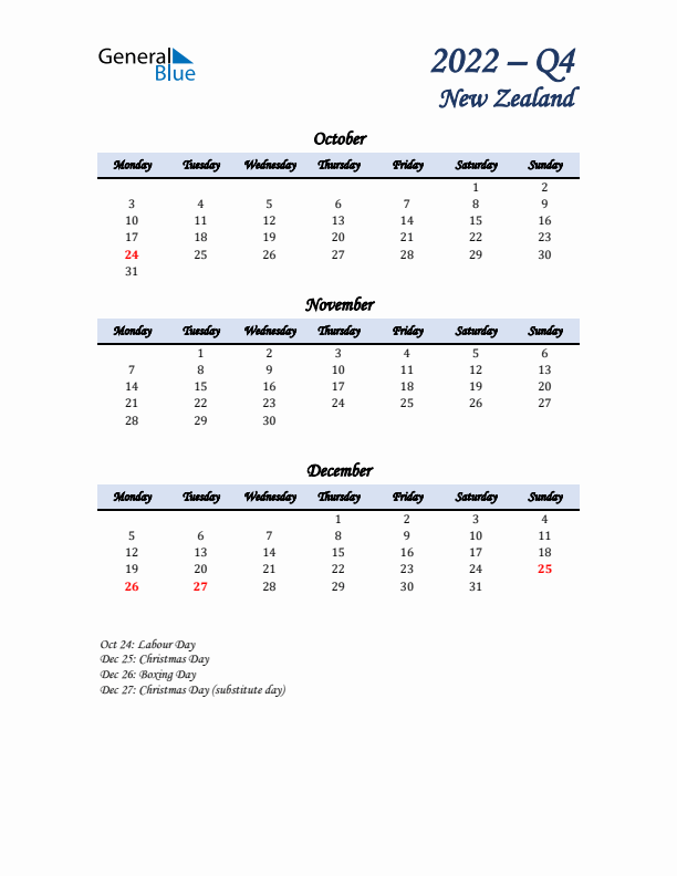 October, November, and December Calendar for New Zealand with Monday Start