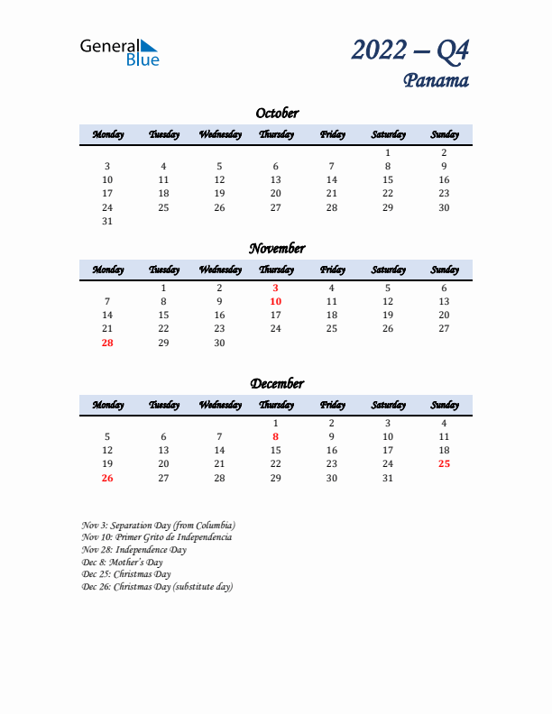 October, November, and December Calendar for Panama with Monday Start