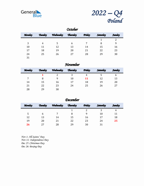 October, November, and December Calendar for Poland with Monday Start