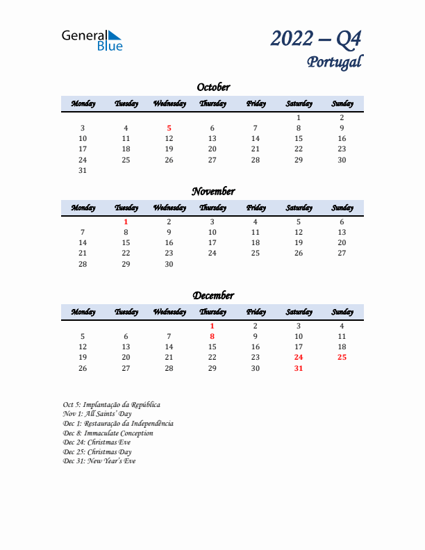 October, November, and December Calendar for Portugal with Monday Start