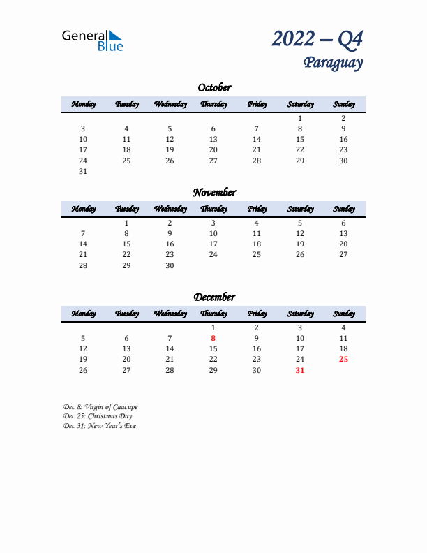 October, November, and December Calendar for Paraguay with Monday Start