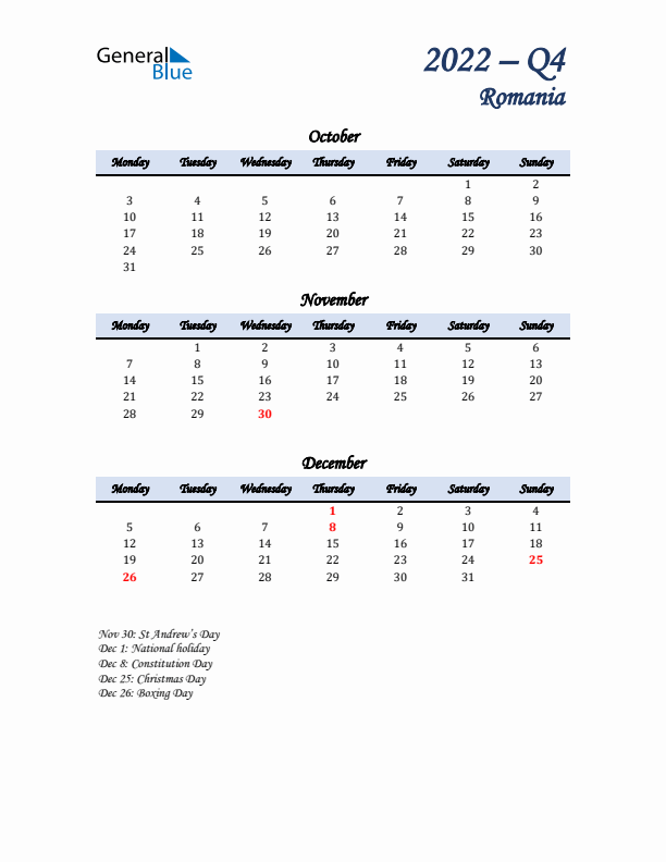 October, November, and December Calendar for Romania with Monday Start