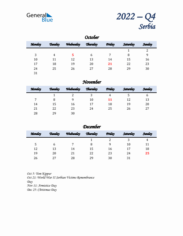 October, November, and December Calendar for Serbia with Monday Start