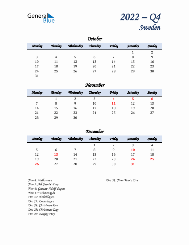 October, November, and December Calendar for Sweden with Monday Start