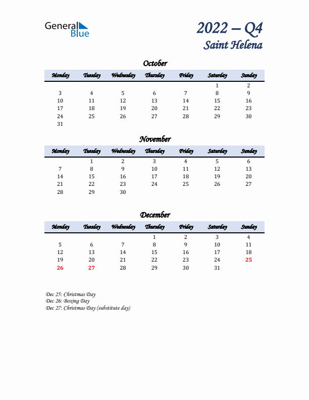 October, November, and December Calendar for Saint Helena with Monday Start