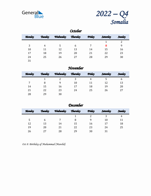 October, November, and December Calendar for Somalia with Monday Start