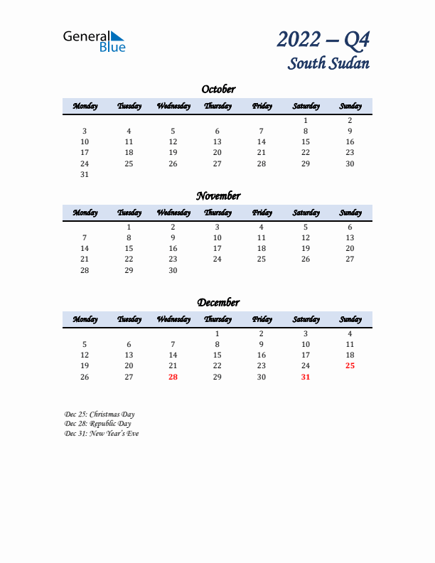 October, November, and December Calendar for South Sudan with Monday Start